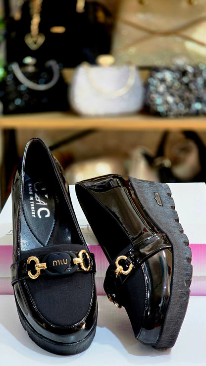 Loafers Kadın Rugan Siyah Kalın Taban Loafer Ayakkabı