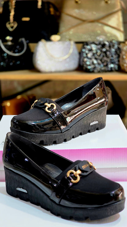 Loafers Kadın Rugan Siyah Kalın Taban Loafer Ayakkabı