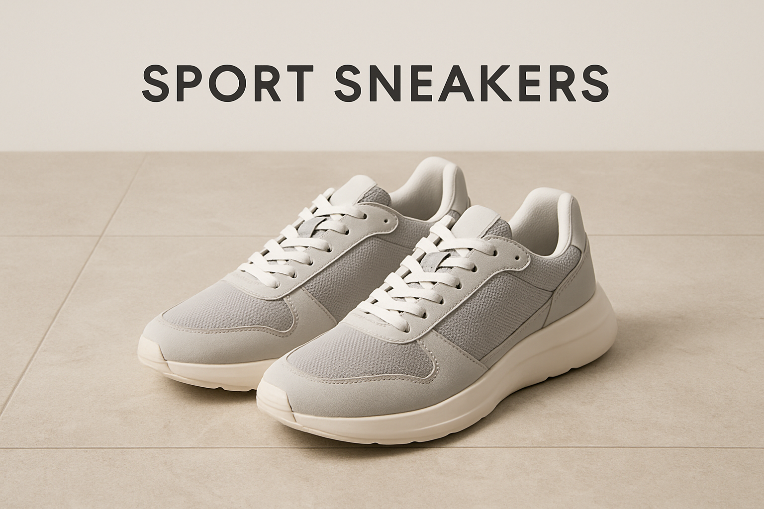 Minimal Shopify banner design featuring a stylish pair of sport shoes placed on a natural stone floor background. Clean, modern look with soft shadows. Leave space at the top for text and promotional messages. Bright lighting, high-resolution, professional e-commerce style